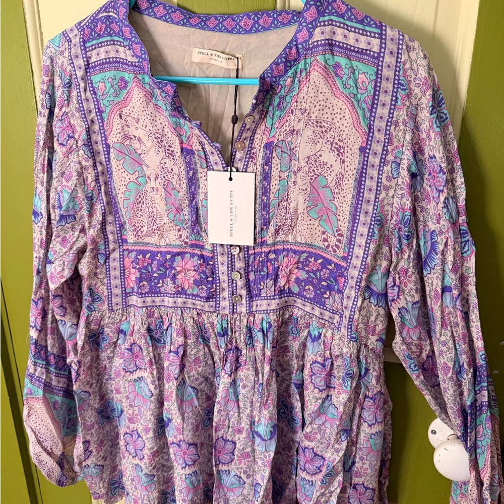 Spell Floral Lavender Peasant Tunic with Teal Accents